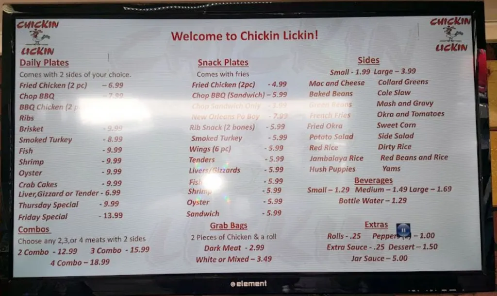 Chickin Lickin Plates and Sides Menu