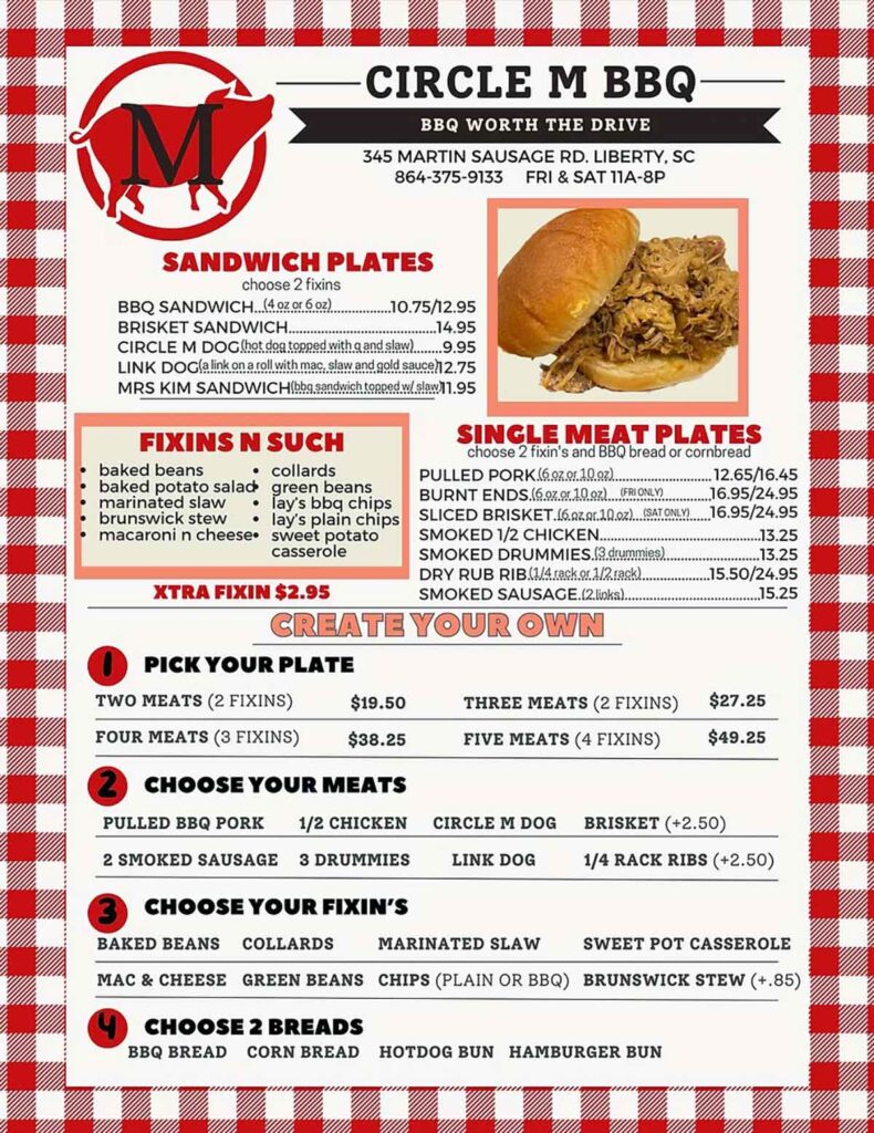 Front Menu for Circle M BBQ.
