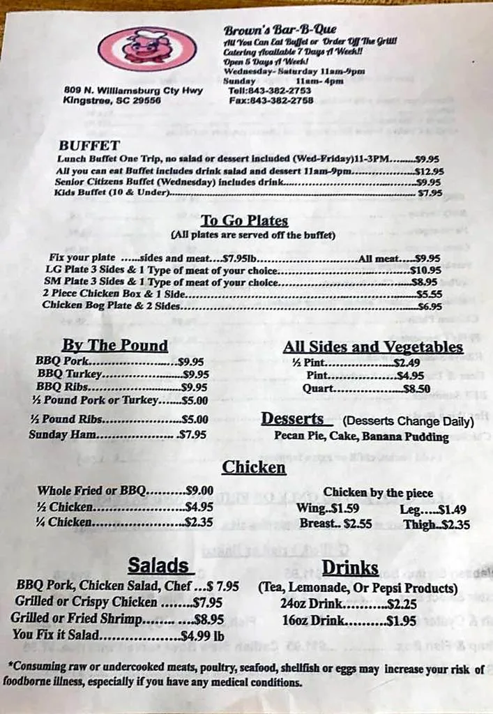 Menu 1 for Brown’s Bar-B-Q in Kingstree