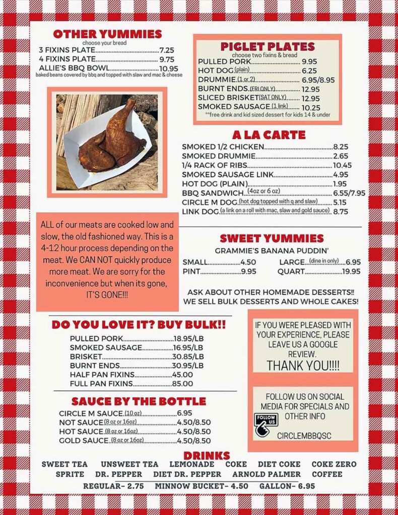 Back Menu for Circle M BBQ.