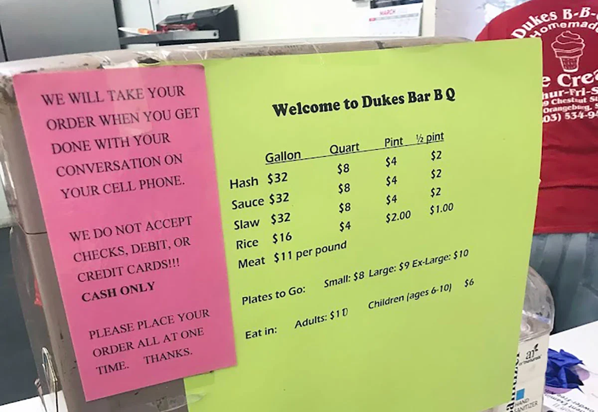 Menu for Dukes Bar-B-Que on Chestnut St. in Orangeburg, SC.