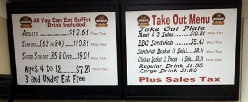 Menu for Dukes Barbecue on James Island
