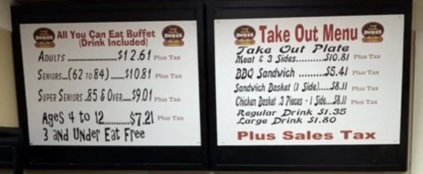 Menu for Dukes Barbecue on James Island