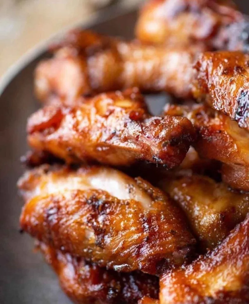 Glazed chicken wings on a plate.