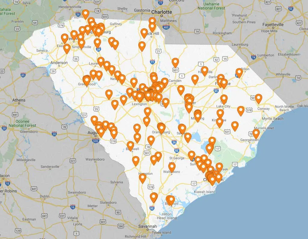 South Carolina BBQ Hash Map showing markers for all restaurants serving