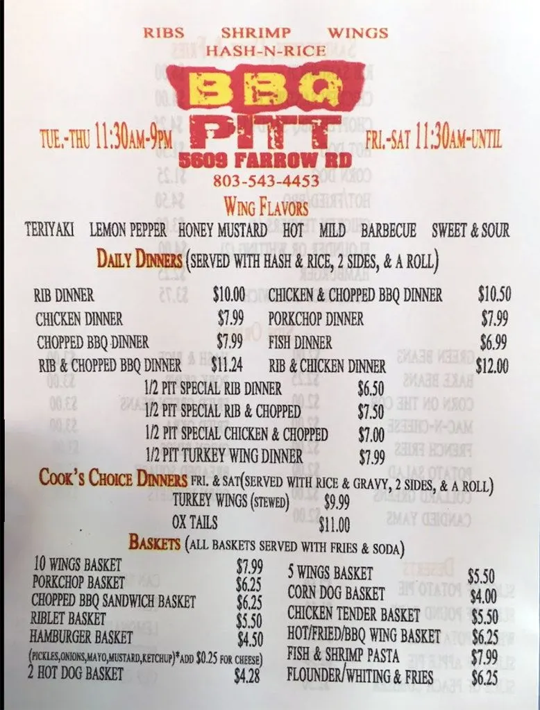 Menu 1 for The BBQ Pit on Farrow Road in Columbia