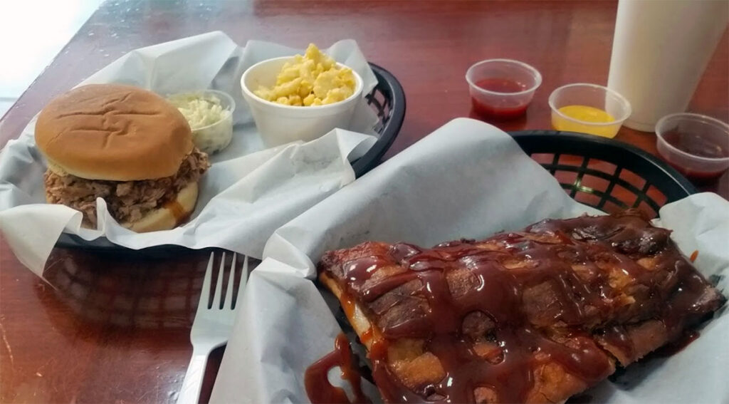Baskets with ribs and a BBQ sandwich