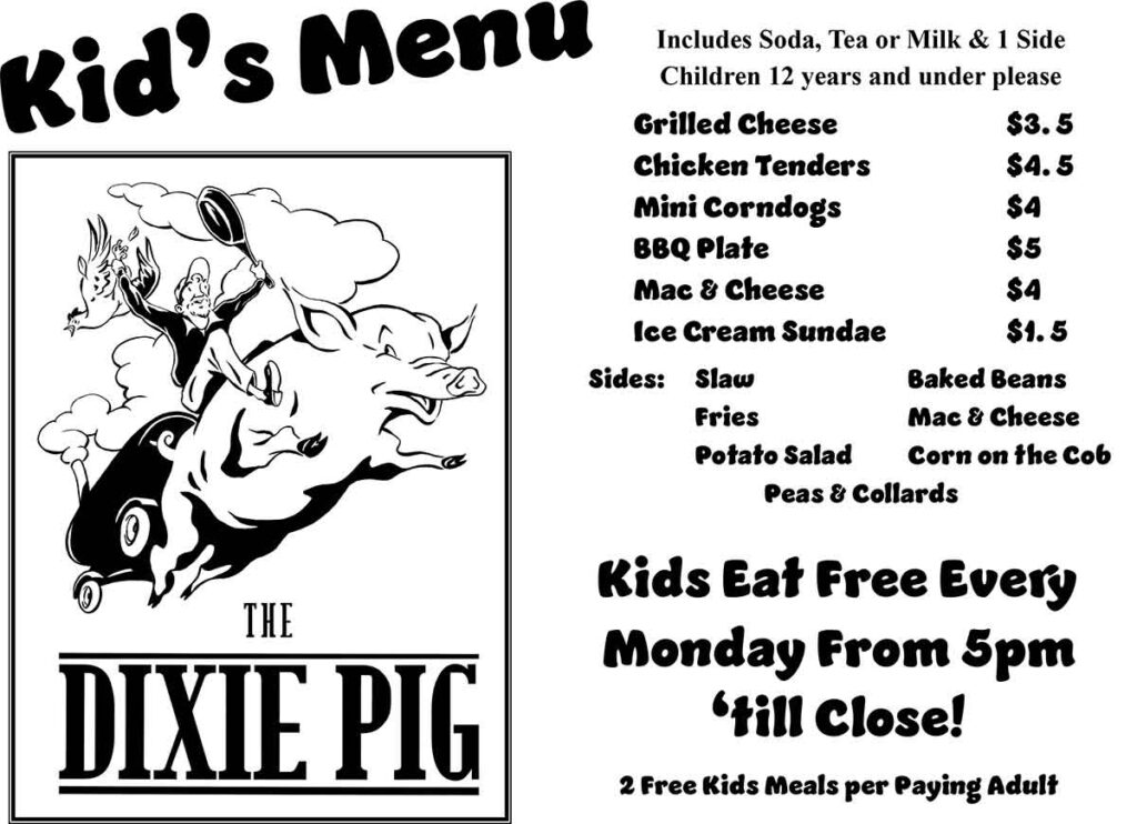 Kids Menu at The Dixie Pig