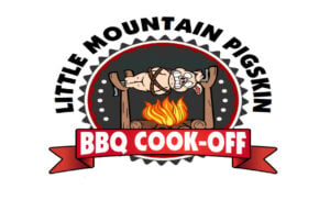 Little Mountain Pigskin Cook-Off Logo featuring a cartoon pig on a wooden spit over a fire