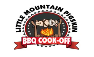 Little Mountain Pigskin Cook-Off Logo featuring a cartoon pig on a wooden spit over a fire
