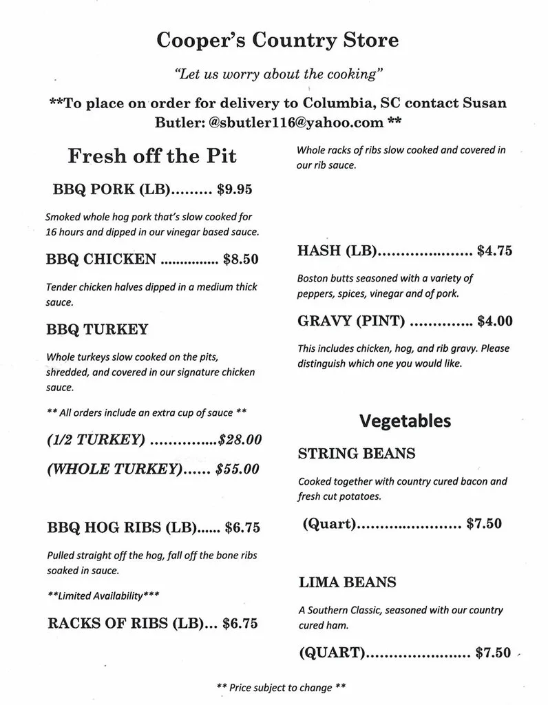 Menu 1 for Coopers Country Store in Salters