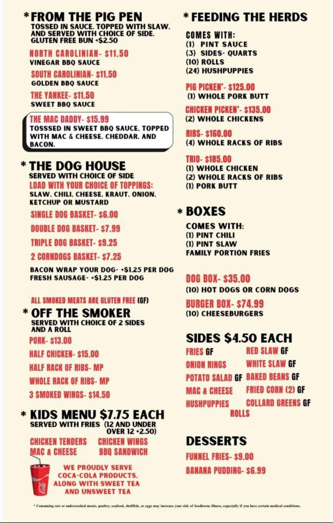 Back of menu for Old South BBQ in North Myrtle Beach.