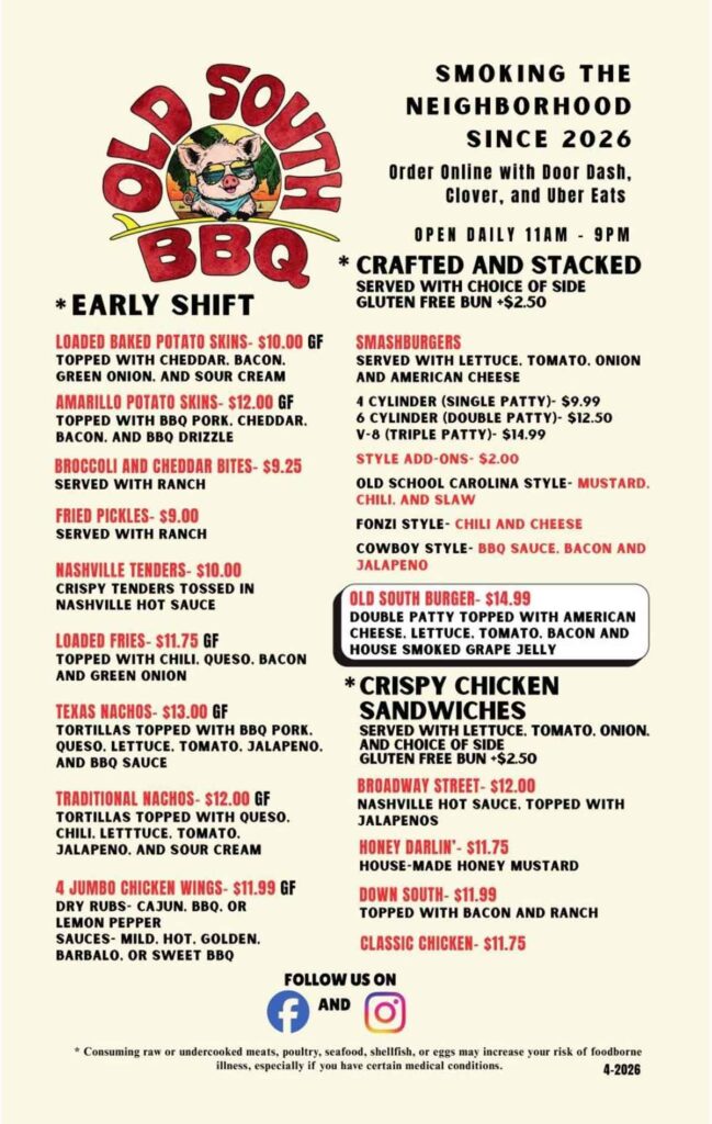 Front of menu for Old South BBQ in North Myrtle Beach.