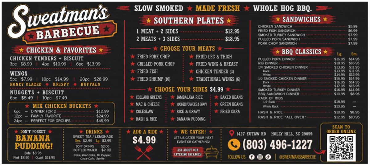 Menu for Sweatman's Barbecue near Holly Hill, SC.