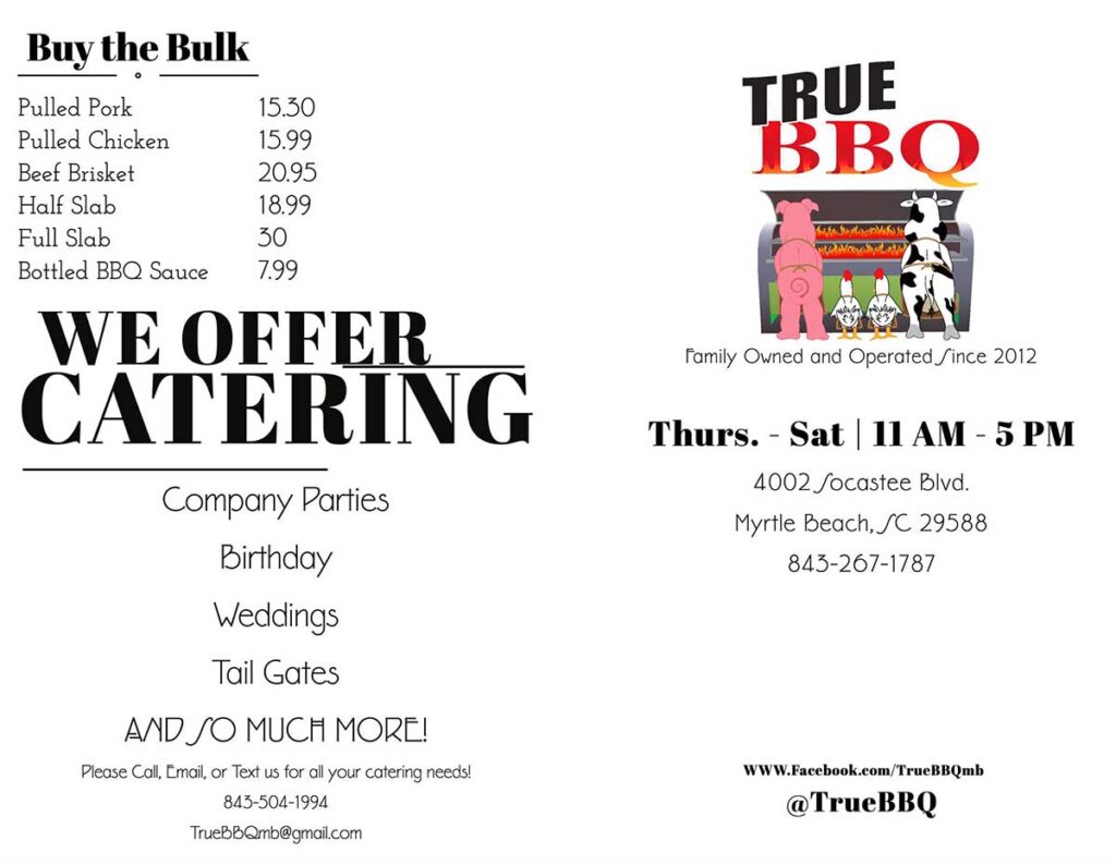 Menu for True BBQ in Myrtle Beach