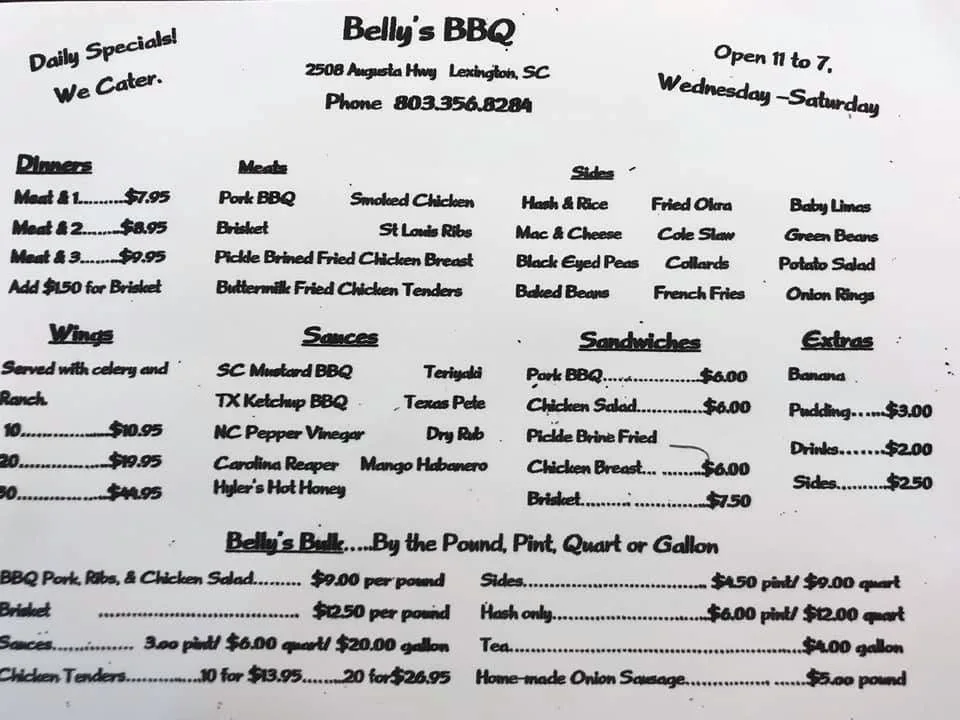 Printed Menu for Belly’s Southern Pride Bar-B-Que