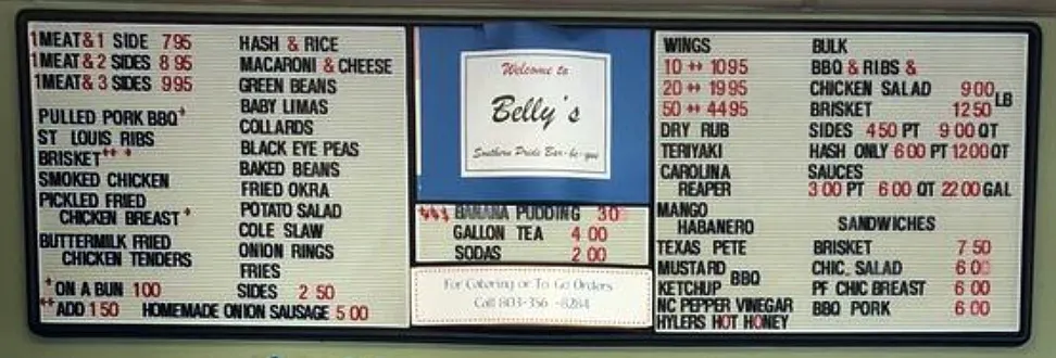 Menu for Belly’s Southern Pride Bar-B-Que