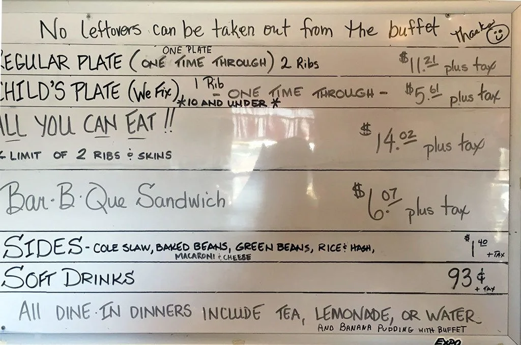 Menu for Sweatman’s Bar-B-Que