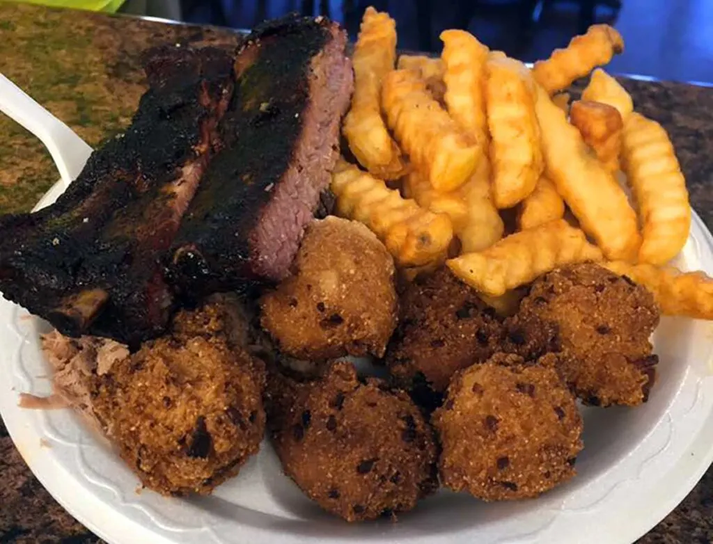 Ribs, hush puppies, and fries