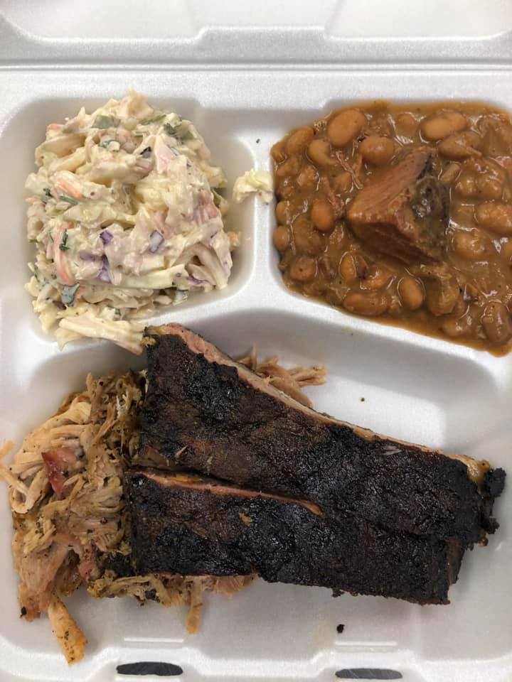 Two Meats Plate with Ribs, Pork, Slaw, and Cowboy Beans
