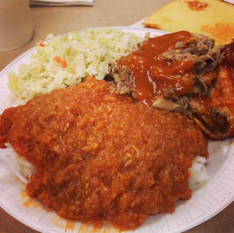 Red barbecue hash from Dukes Bar-B-Que in South Carolina.