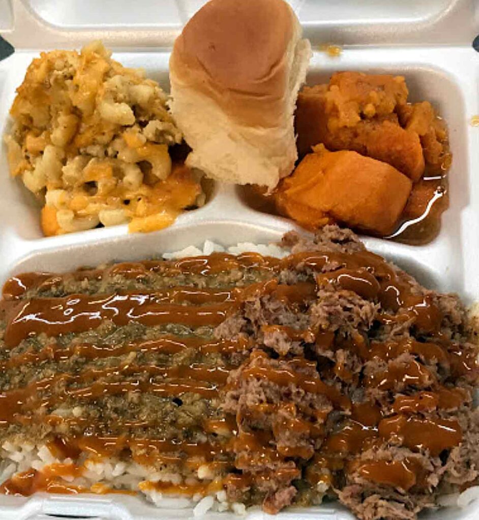 BBQ with hash and rice, Mac n cheese and sweet potatoes from The BBQ Pit on Farrow Rd. in Columbia, SC