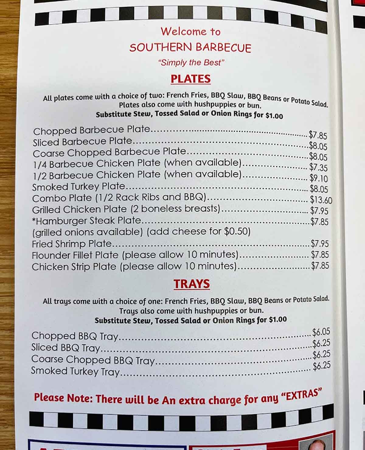 Menu for Southern Barbecue in Spartanburg.