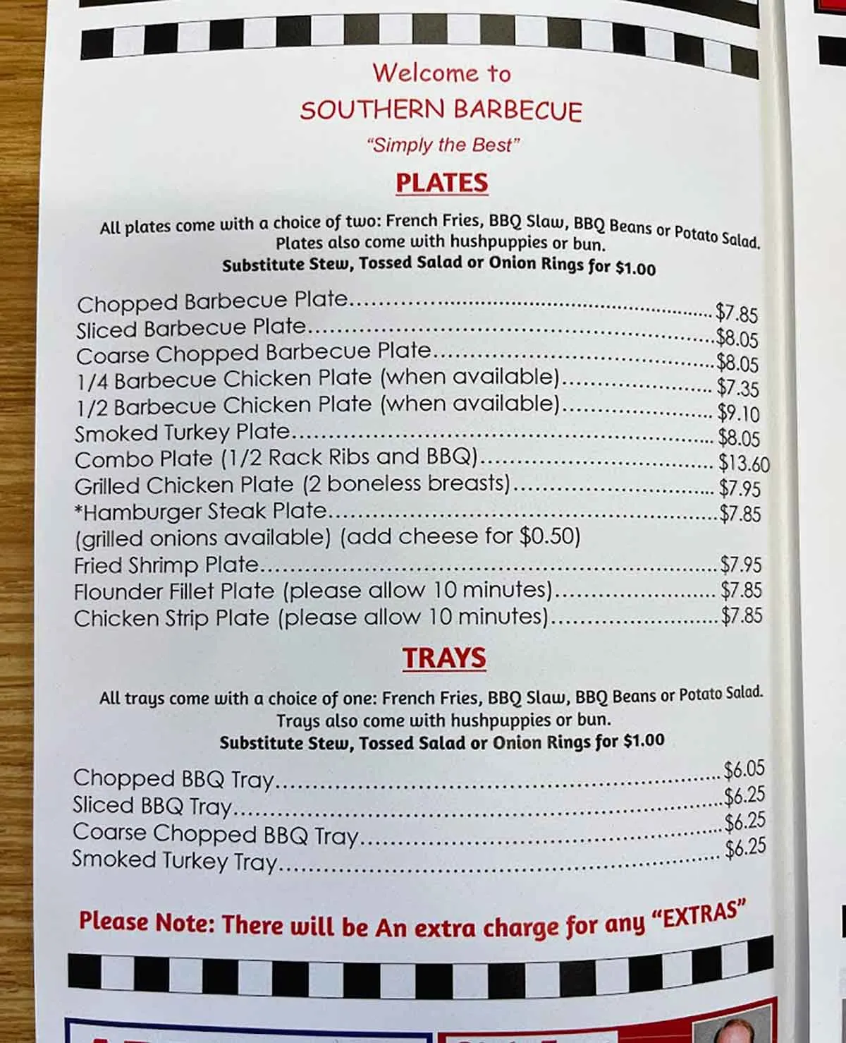 Menu for Southern Barbecue in Spartanburg.