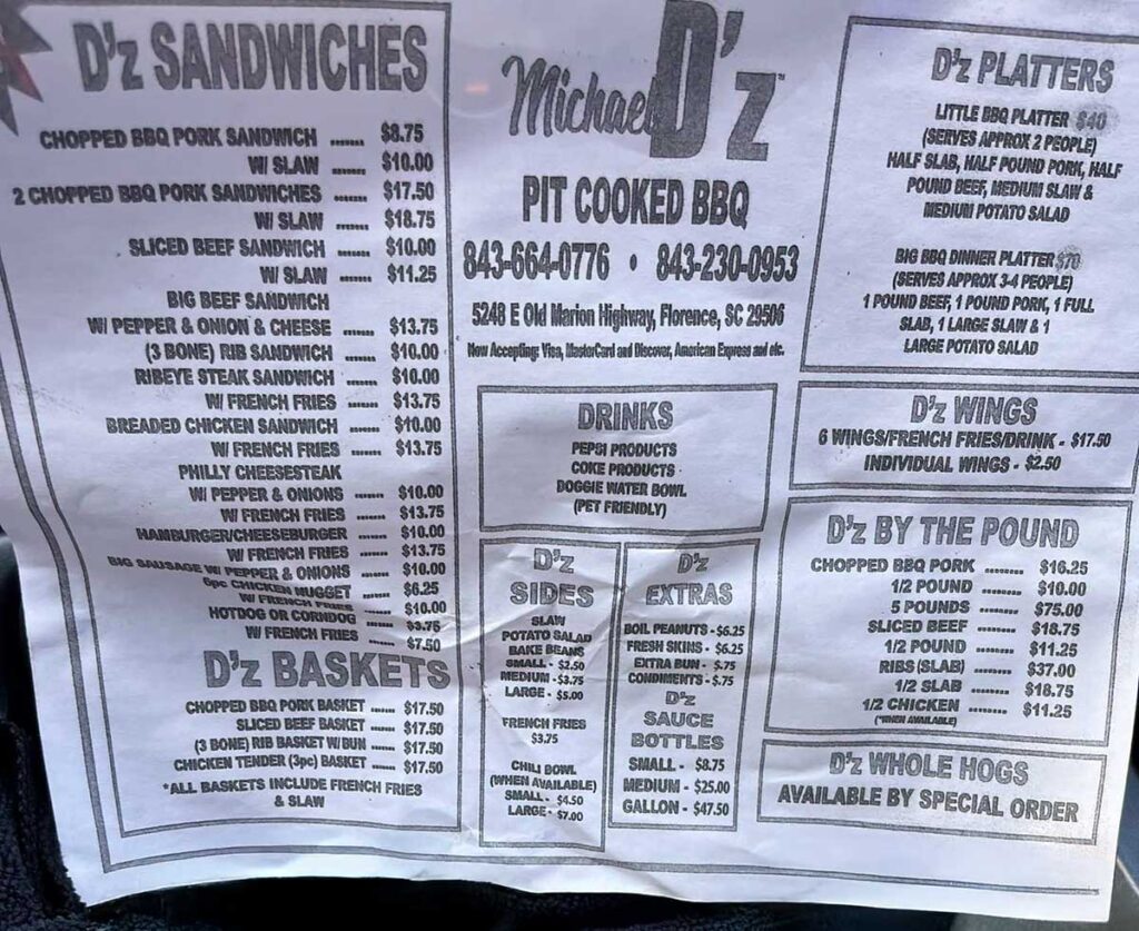 Menu for D'z Pit Cooked BBQ near Florence, SC.