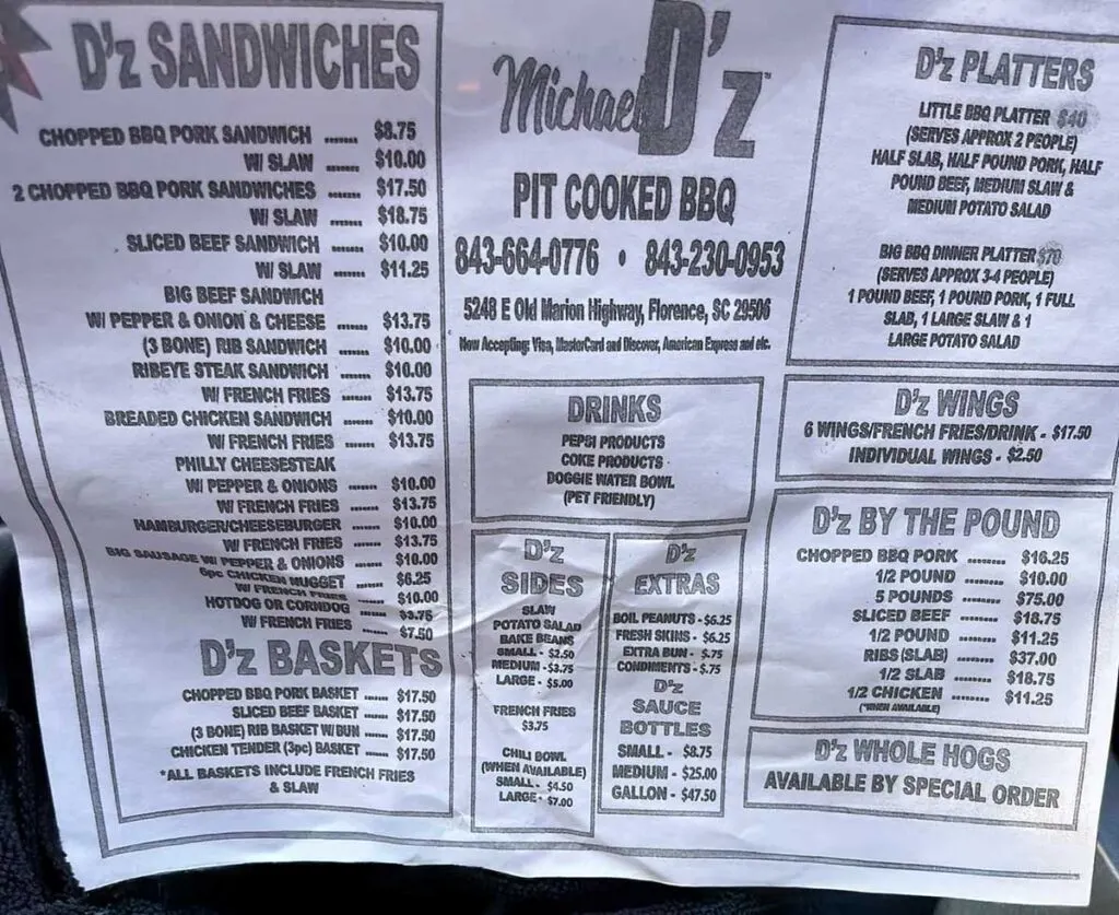 Menu for D'z Pit Cooked BBQ near Florence, SC.
