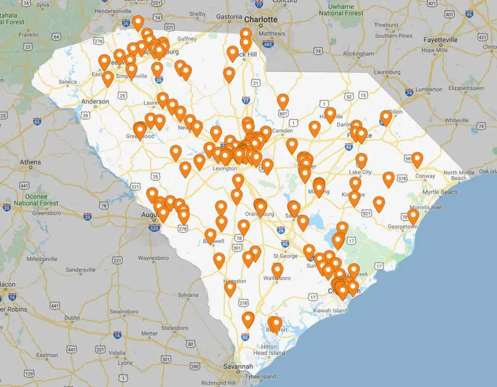 Map of SC with orange markers showing restaurants that serve hash