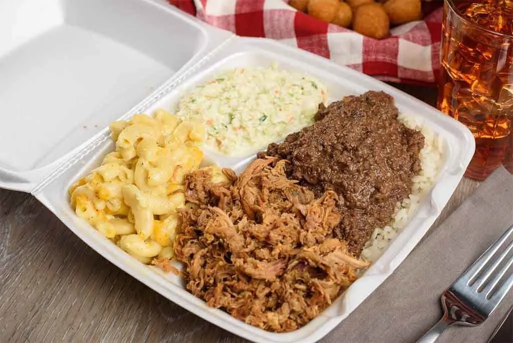 Pulled pork, liver hash, coleslaw, and Mac 'n cheese from Roger's in Florence.