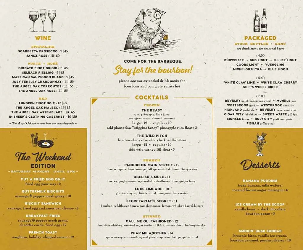 Drink Menu for Husk Barbeque in Greenville SC