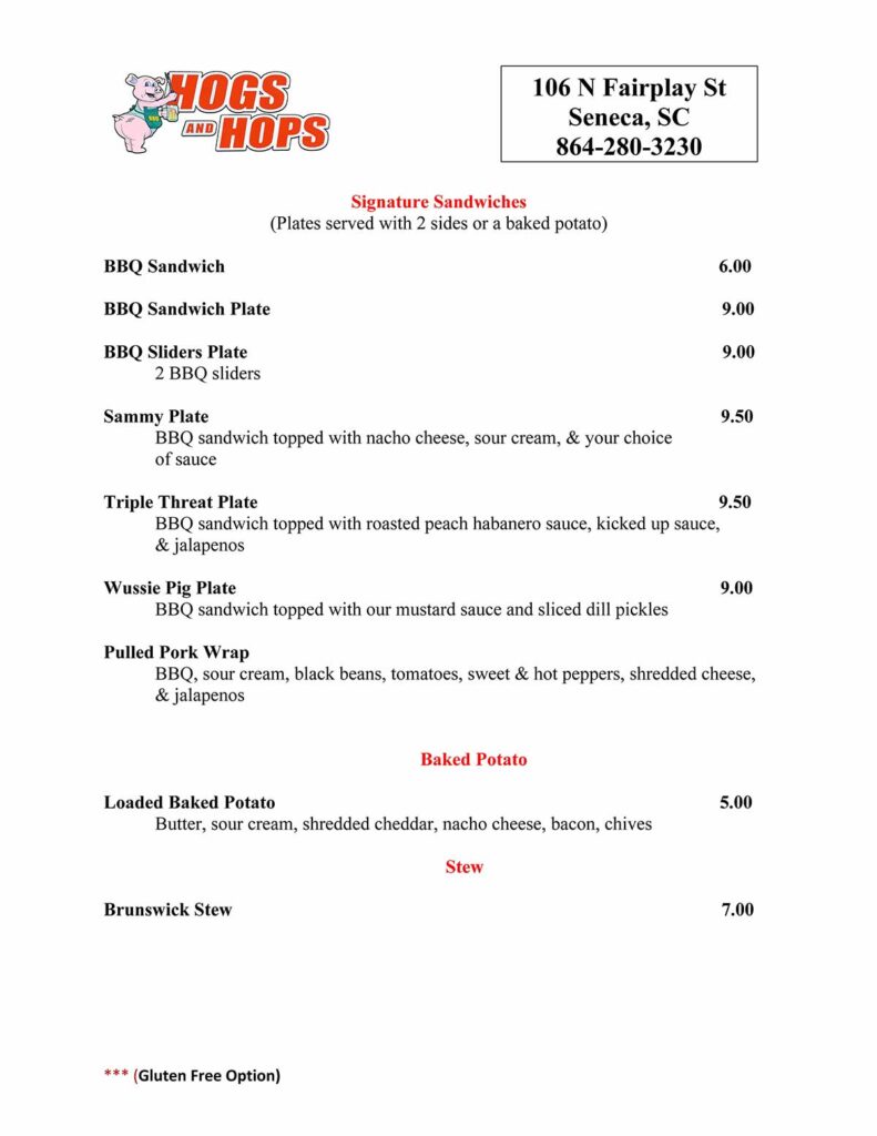 Hogs and Hops Menu 2