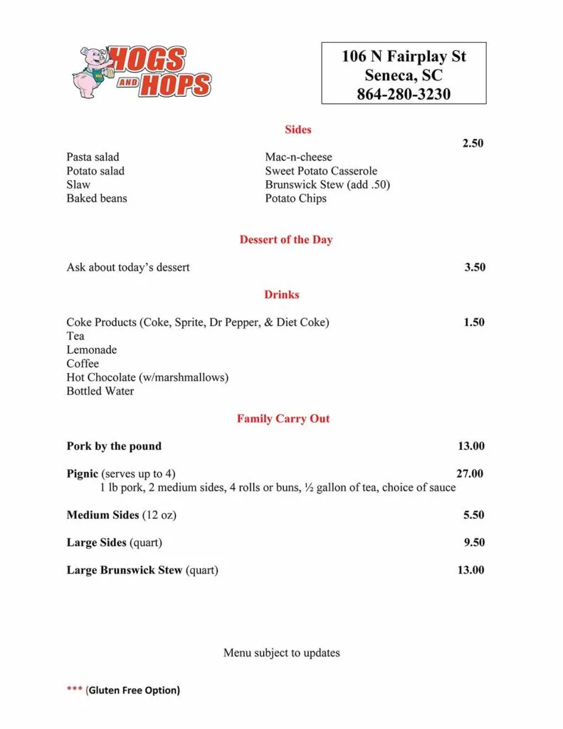 Hogs and Hops Menu 3