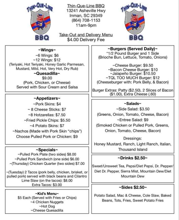 Menu for Thin-Que-Line BBQ in Inman