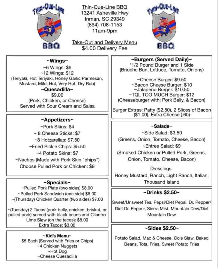 Menu for Thin-Que-Line BBQ in Inman
