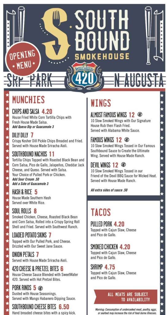 Southbound Smokehouse North Augusta Menu Side 1