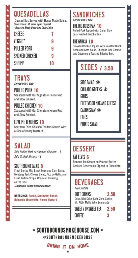 Southbound Smokehouse North Augusta Menu Side 2