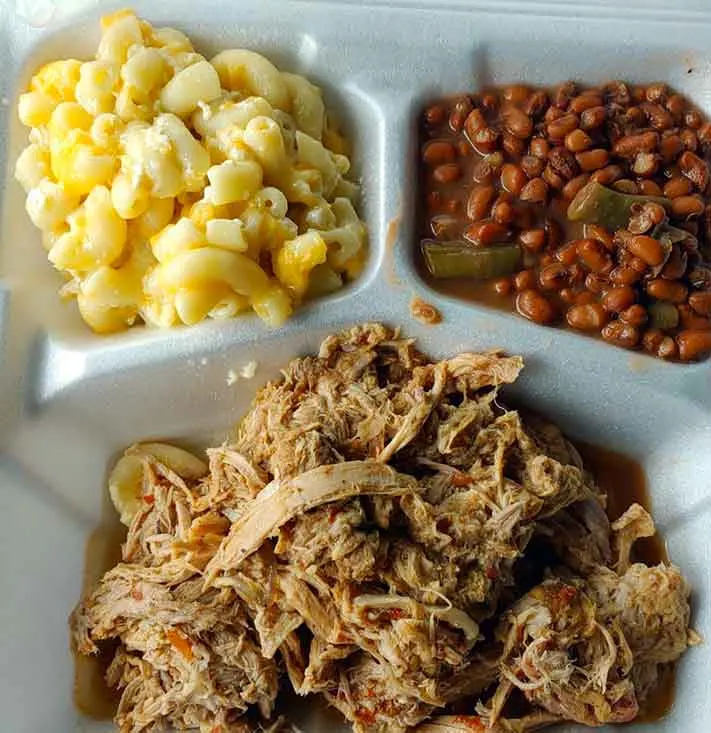 BBQ Plate with Mac n cheese and field peas from Cooper's Country Store.