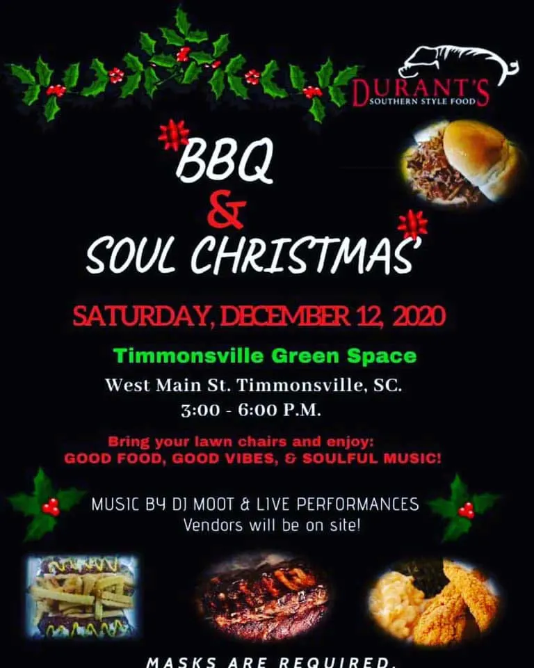 BBQ & Soul event poster, hosted at the Timmonsville Green Space
