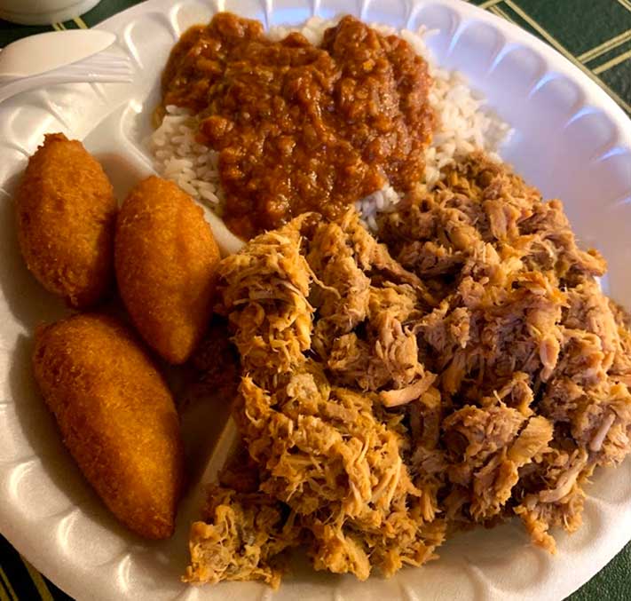 Corn Dodgers, SC BBQ Hash, and Pulled Pork from BBQ Hut Sumter