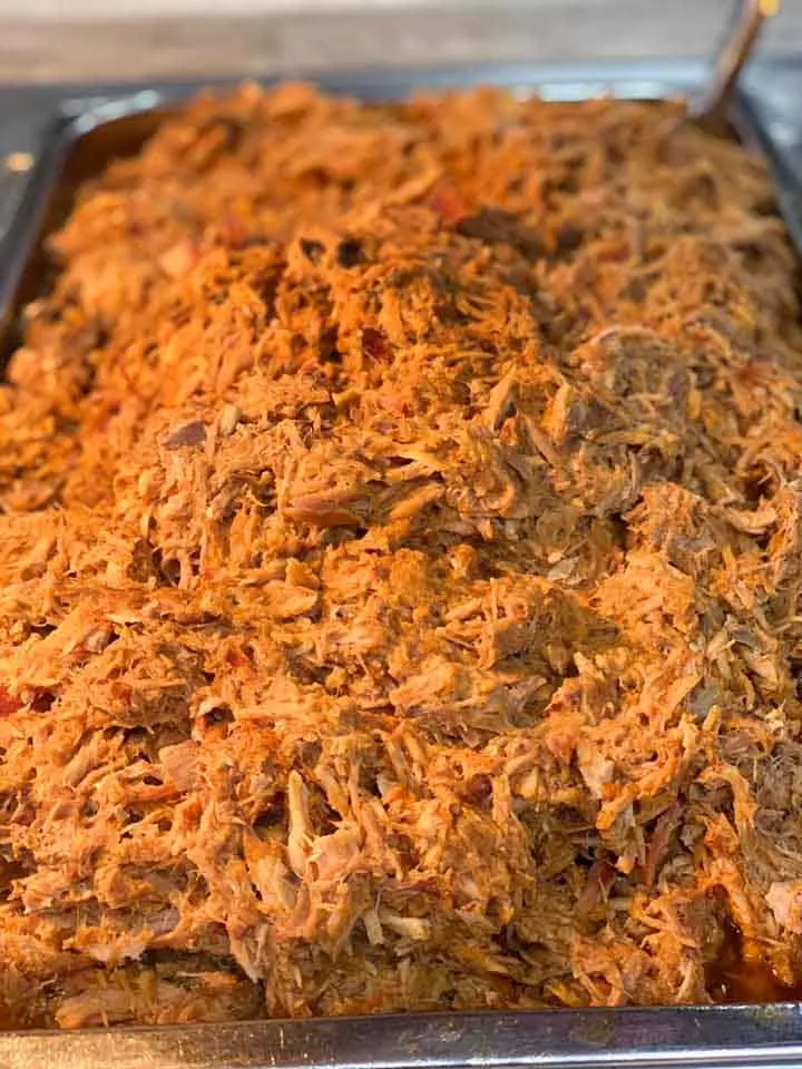 Finished Pan of Pulled Pork on Buffet Line at Roger’s Bar-B-Q House