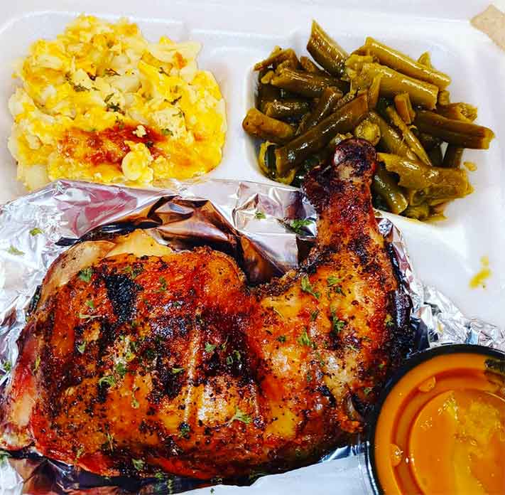 Grilled Chicken leg with sauce, Mac n cheese, and green beans.