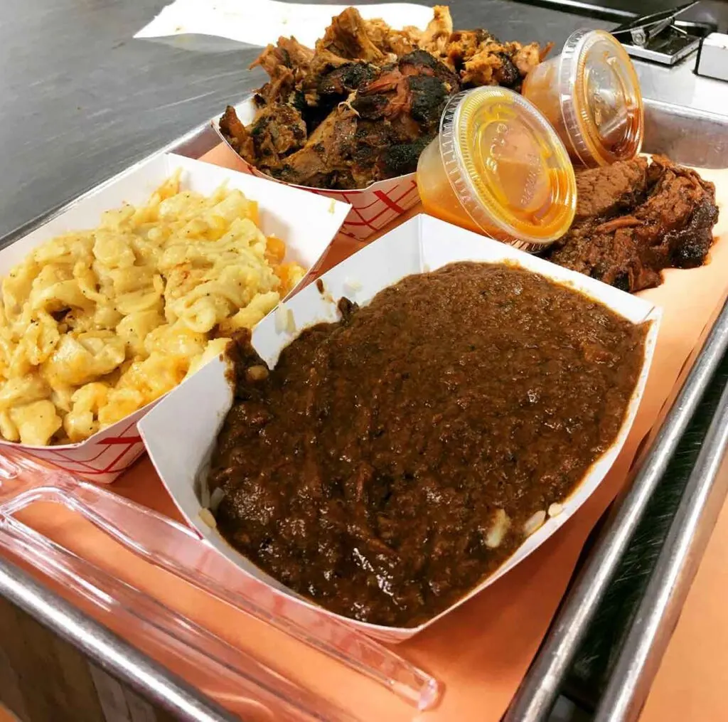 Hash, Mac n cheese, pulled pork and brisket at Slaughter House.