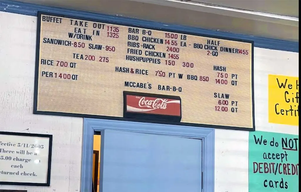 Menu hanging on wall in McCabe's Bar-B-Q in Manning