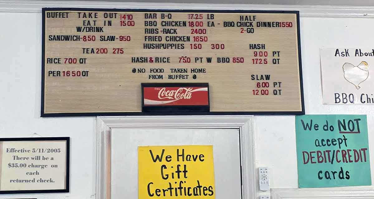 Menu hanging on wall in McCabe's Bar-B-Q in Manning, SC.