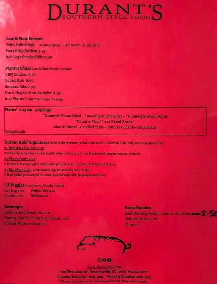Menu for Durant's Southern Style Foods in Timmonsville