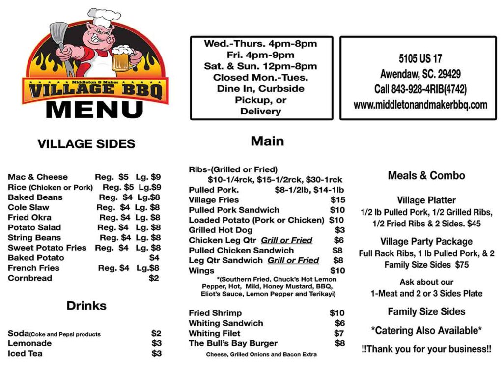 Menu for Middleton and Maker Village BBQ in Awendaw