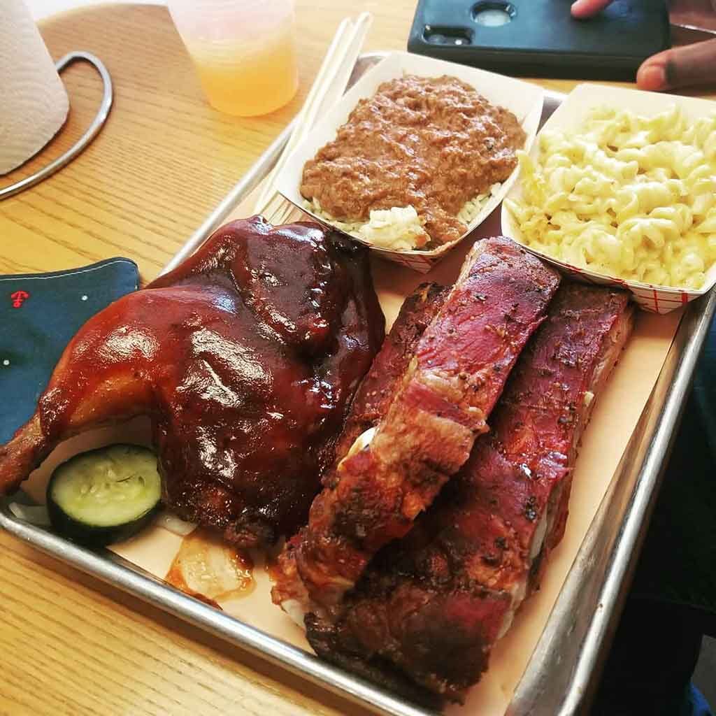 BBQ Chicken ribs, hash, and Mac n cheese from Slaughter House BBQ